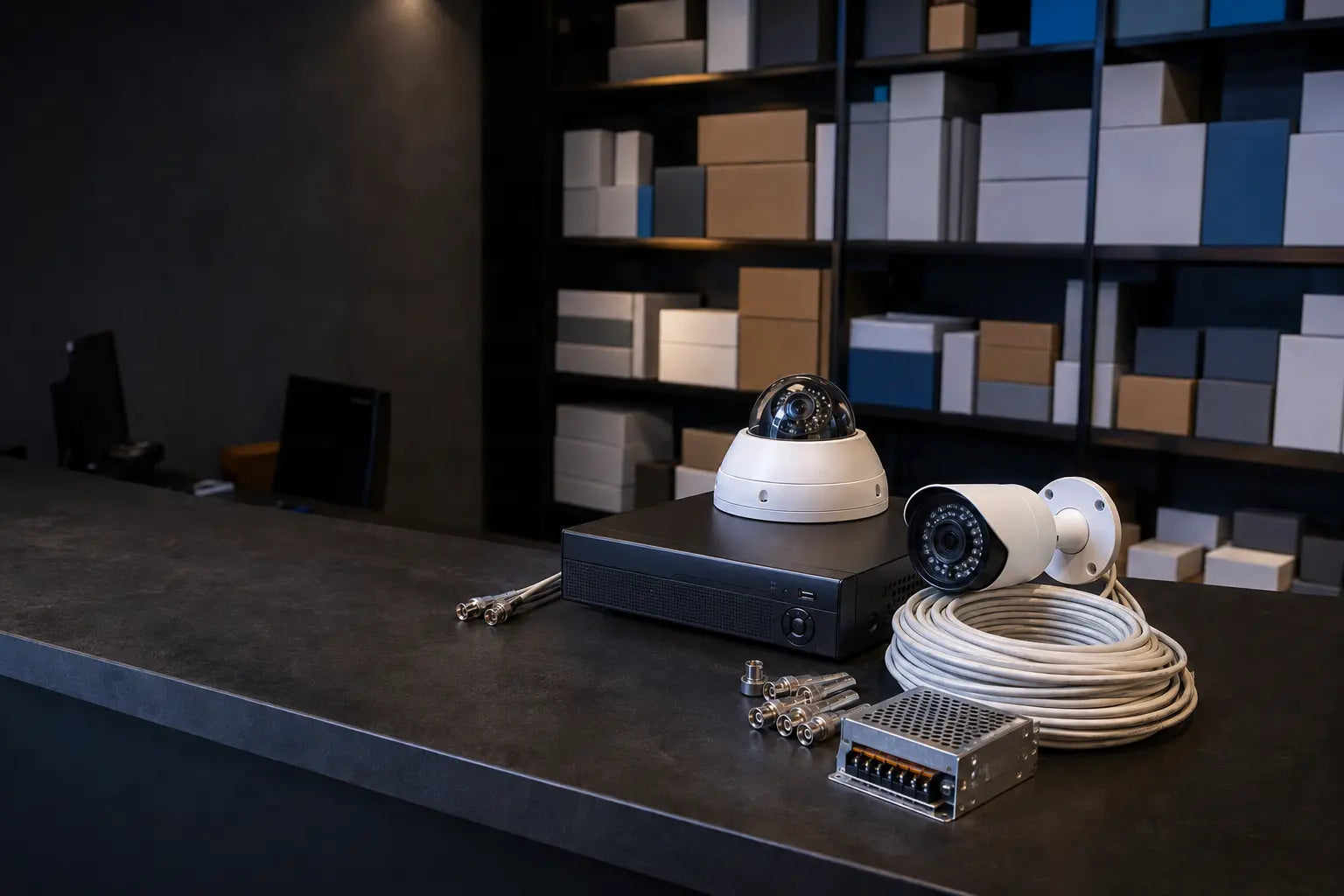 CCTV cameras, recorder, cable and power supply displayed inside an equipment showroom
