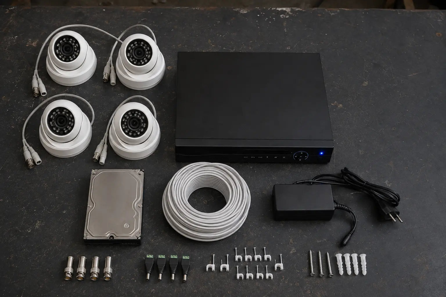 Complete CCTV package with four cameras, recorder, storage drive, cable, power and mounting accessories